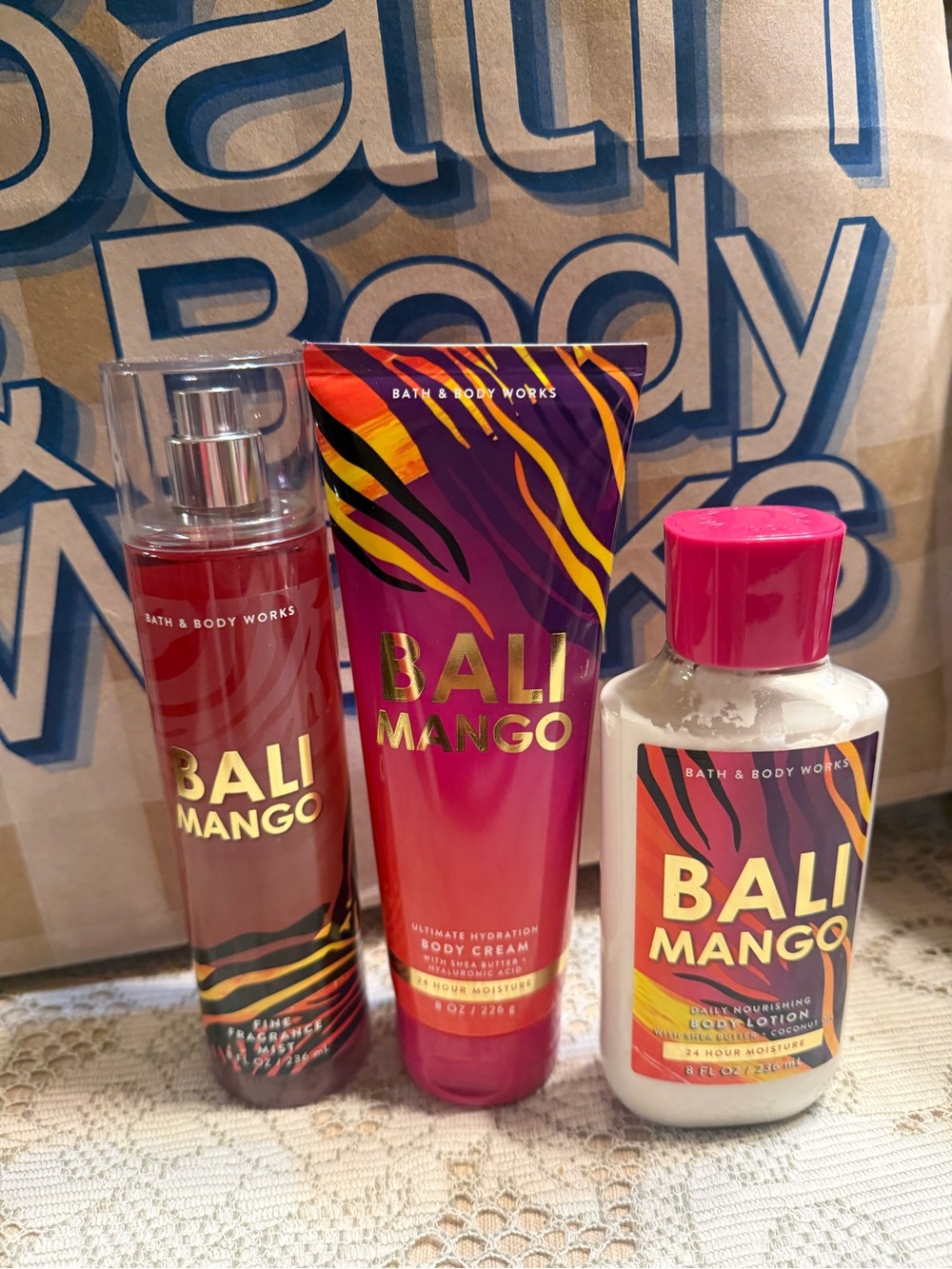 Bath & Body Works Bali Mango Body Care Trio — Pink, Purple, Gold
